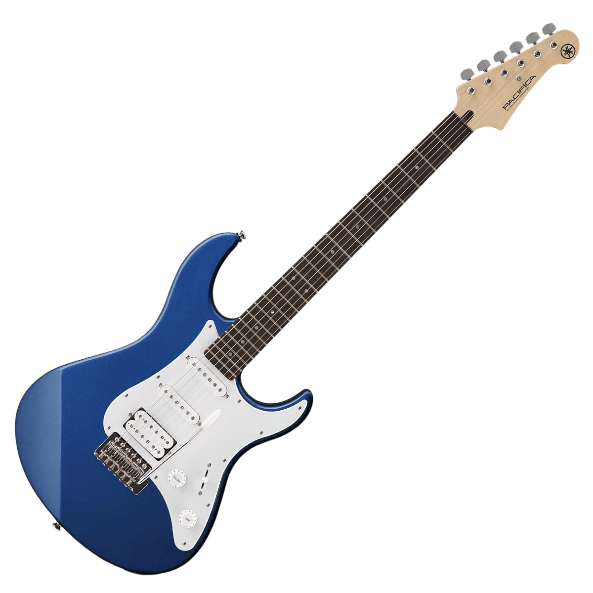Blue Yamaha Pacifica with six sponsorship placements